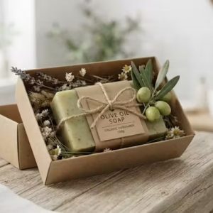 Savon naturel à l'huile d'olive AnatoliaLoom, coffret kraft avec branche d'olivier